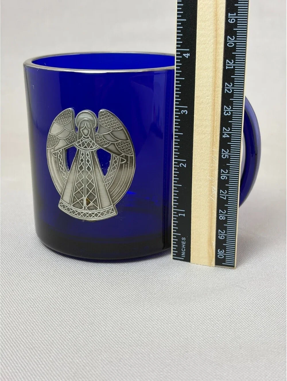 Vintage Cobalt Blue Glass Coffee Mug Pewter Guardian Angel Silver Rim Made in US